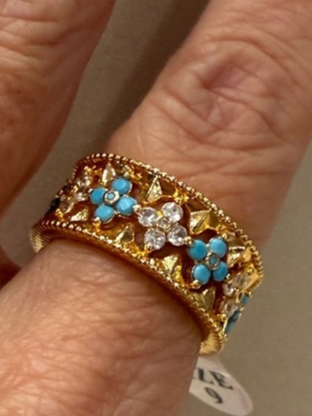 Italian vintage style Gold Floral Band Ring with turquoise and cz Enamel Flowers